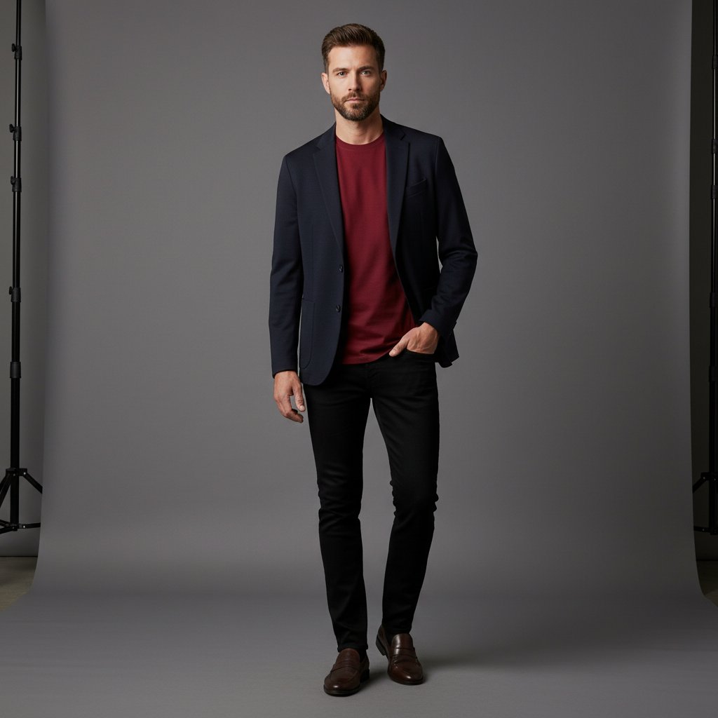 muž v bordovom tričku s čiernym sakom