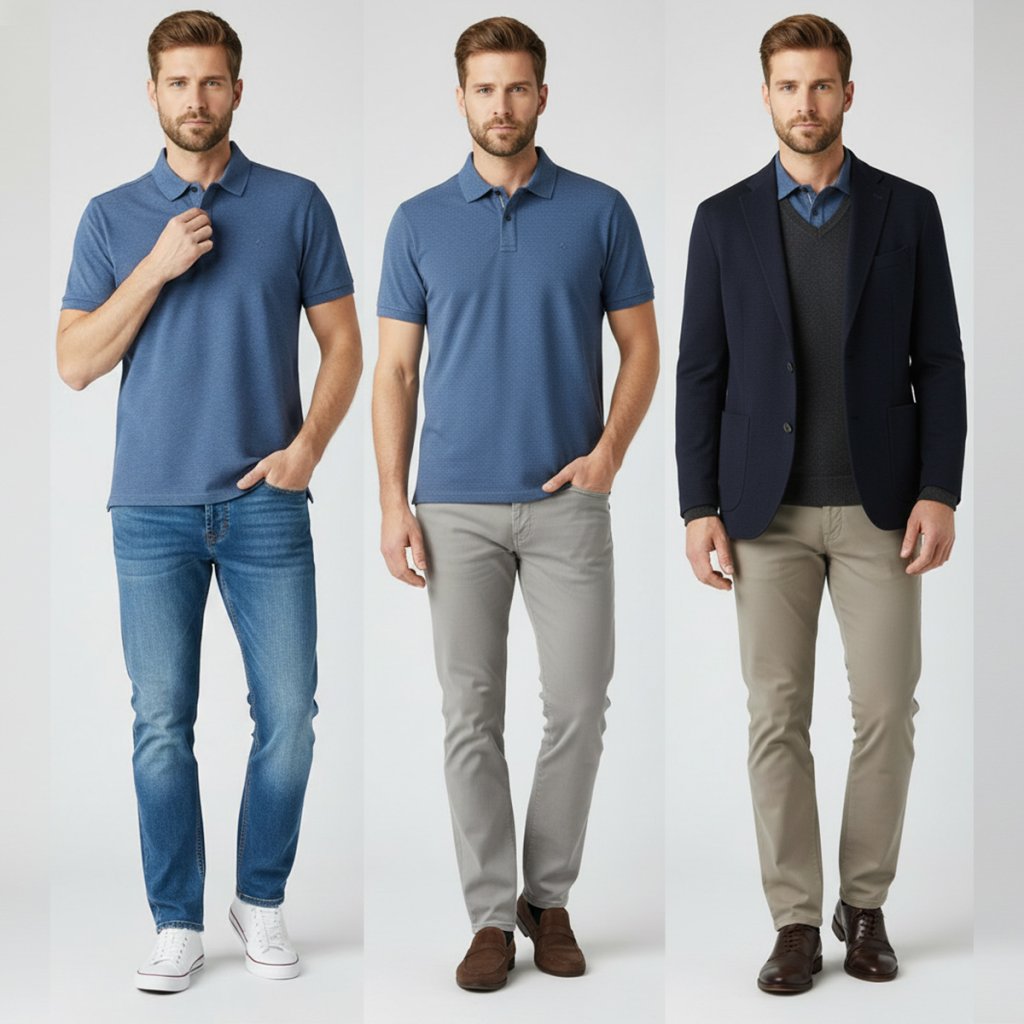 štýlové outfity s modrou polokošeľou