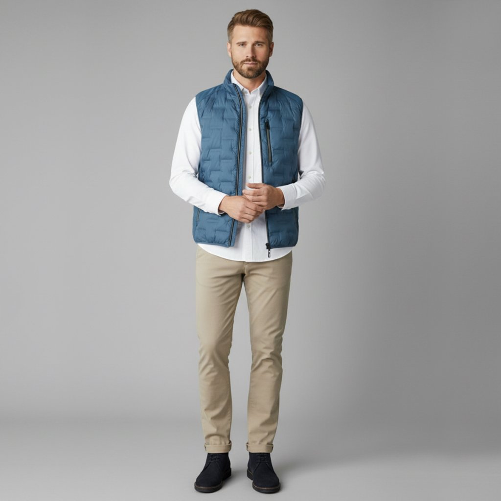 Detail goliera a vreciek modrej vesty