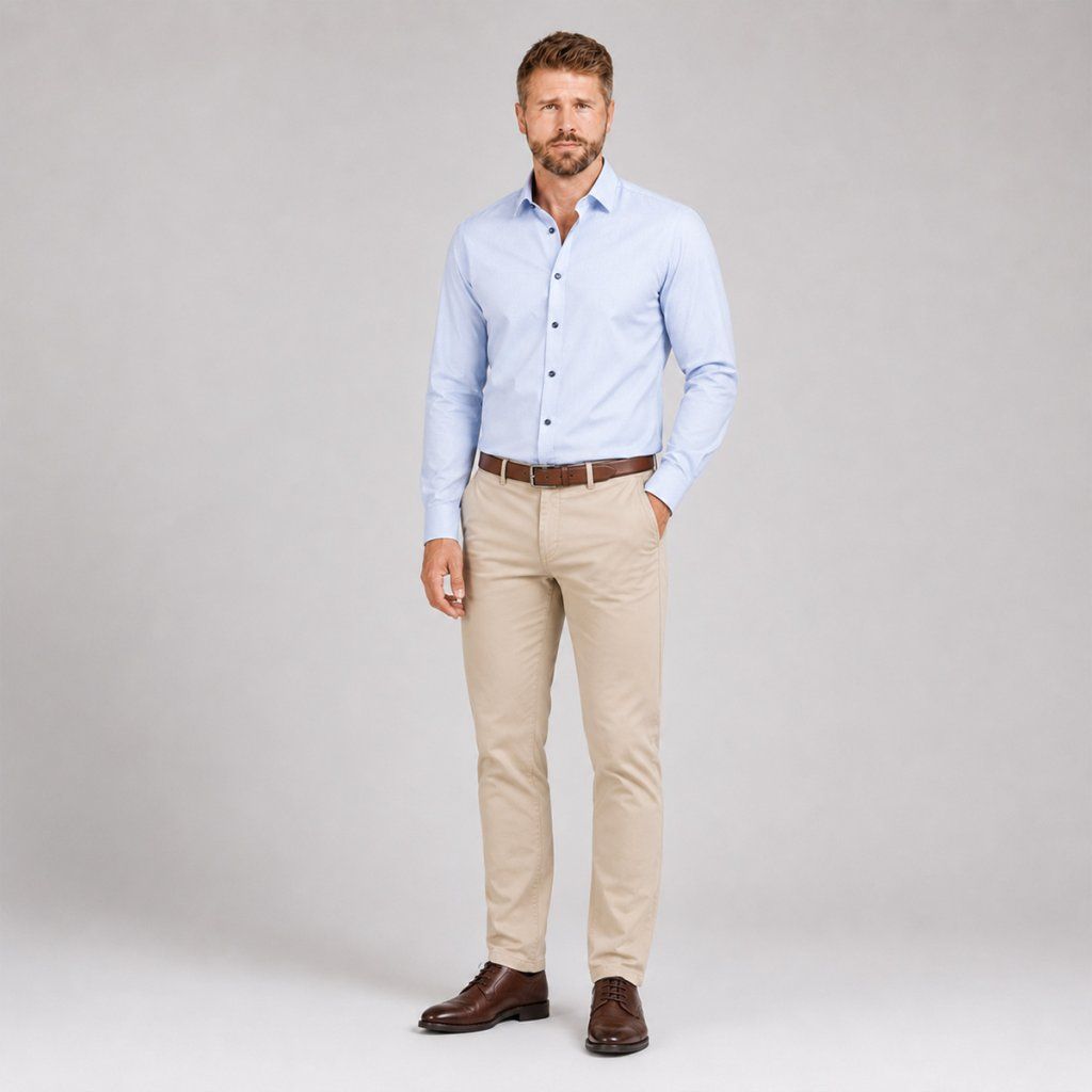 Styling svetlomodrej košele VENTI Modern Fit s printom a tmavomodrými nohavicami
