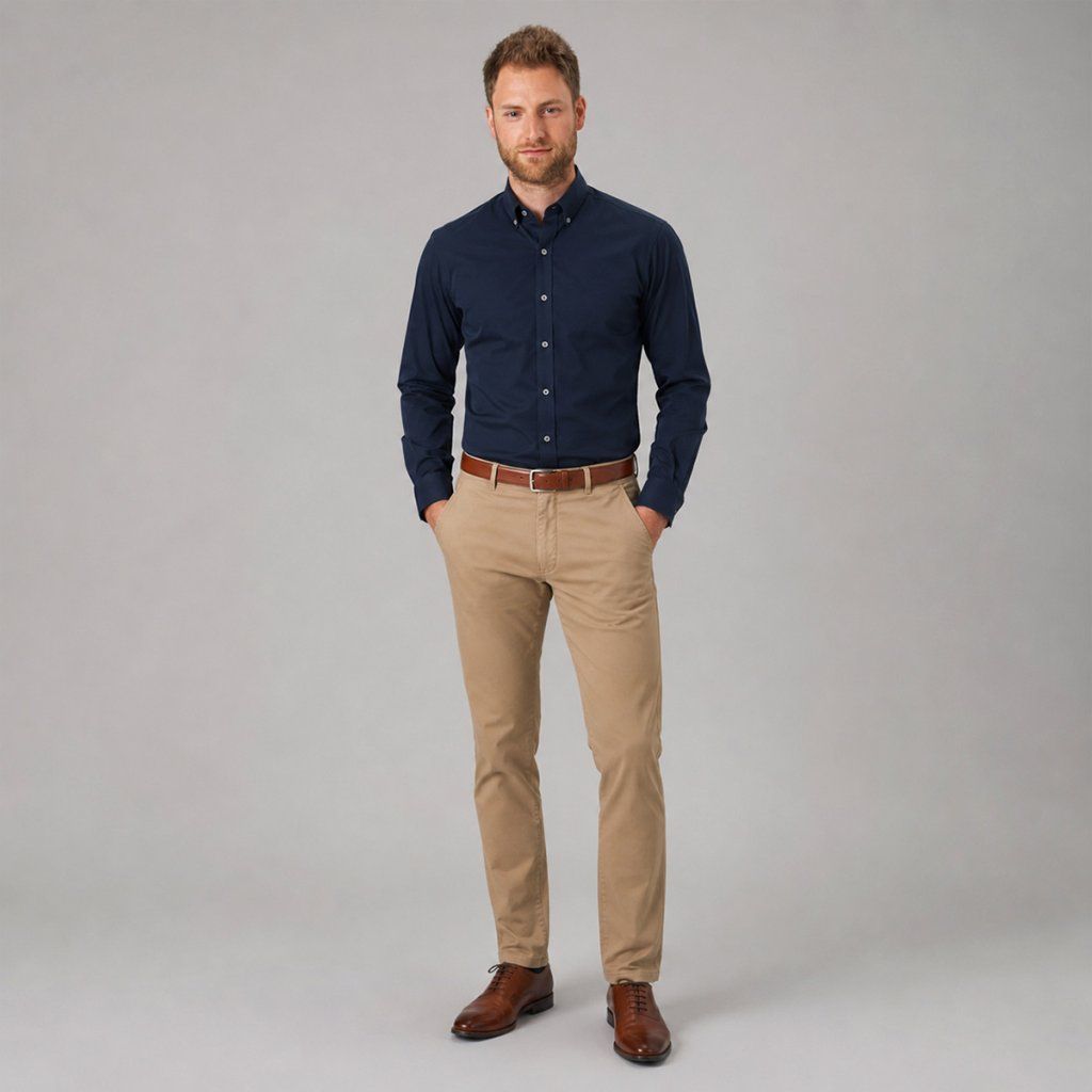 Styling béžových chino nohavíc Brook Taverner Leo s modrou košeľou