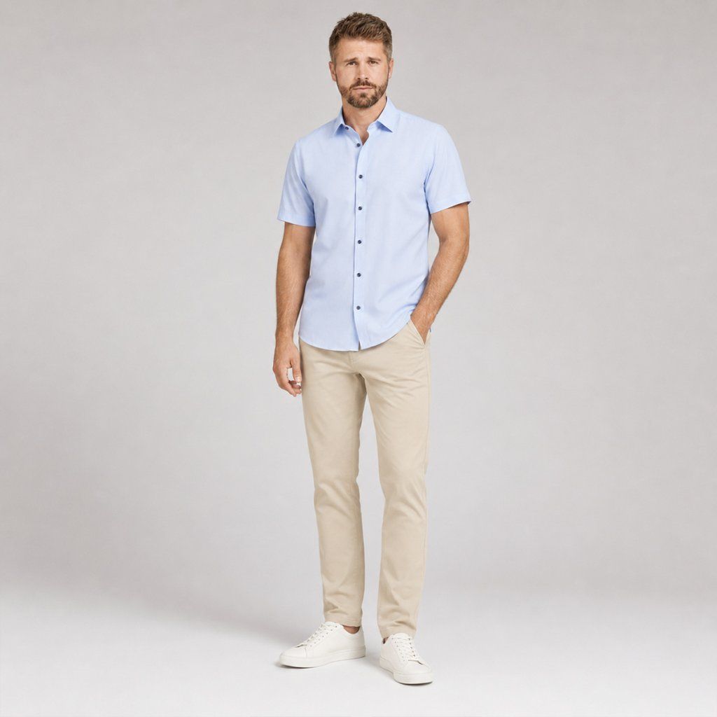 Styling pánskej košele VENTI svetlomodrá krátky rukáv s chinos nohavicami