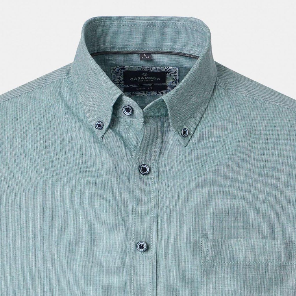 Detail ľanovej tkaniny košele CASAMODA tyrkysová krátky rukáv Comfort Fit