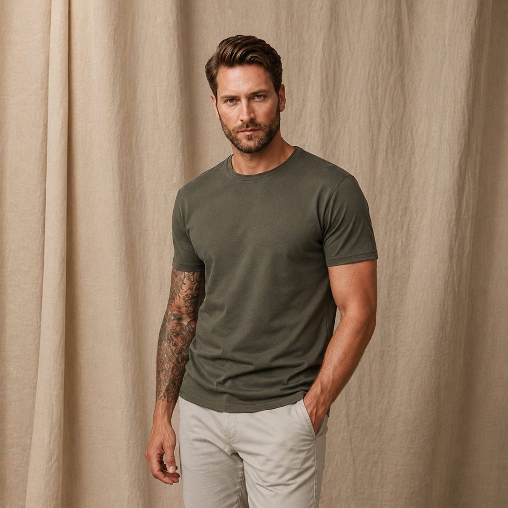 Styling olivového trička TEE JAYS s béžovými nohavicami