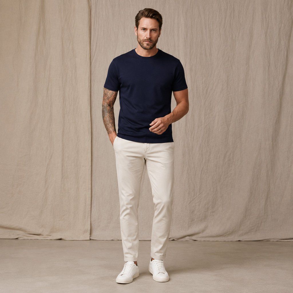 Styling navy trička TEE JAYS s béžovými nohavicami