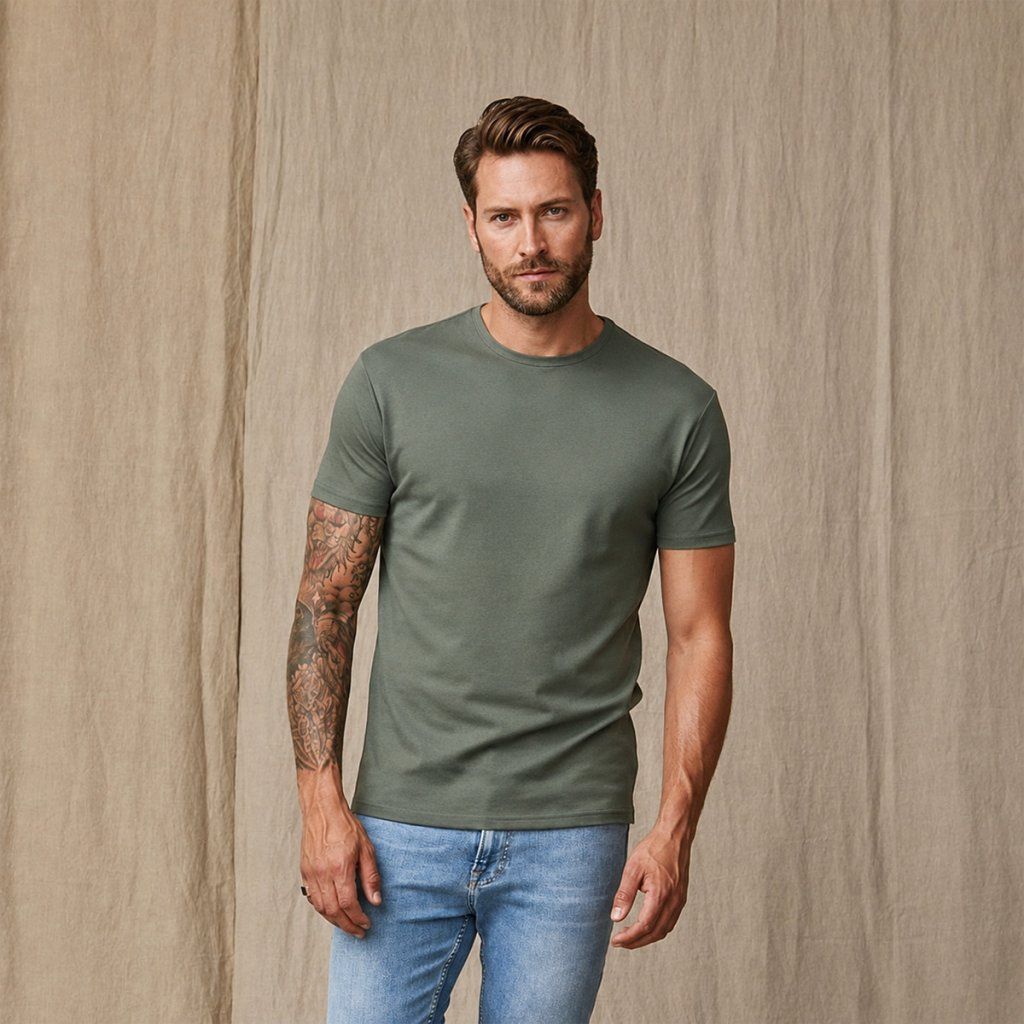 Styling zeleného trička TEE JAYS s džínsami